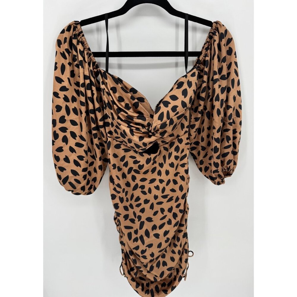 Runaway Womens Leopard Print Puff Sleeve Ruched Cut Out Mini Dress